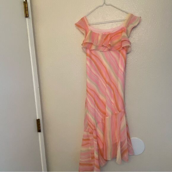 Hype Girls Pink Orange stripe chiffon summer hi low maxi dress-10 - Picture 2 of 9